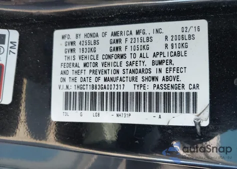 2016 Honda Accord Ex-L из США, поврежденный, VIN 1HGCT1B83GA007317